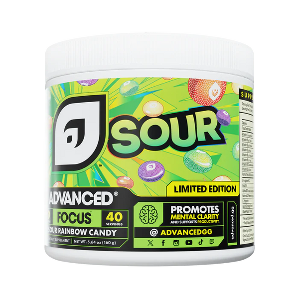 Container of Advanced Focus Sour Rainbow Candy with colorful label on a white background