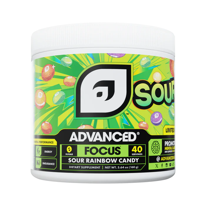 Container of Advanced Focus Sour Rainbow Candy supplement with colorful label