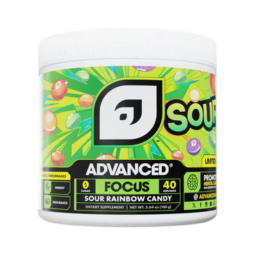 Container of Advanced Focus Sour Rainbow Candy supplement with colorful label