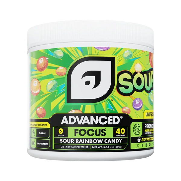 Container of Advanced Focus Sour Rainbow Candy supplement with colorful label