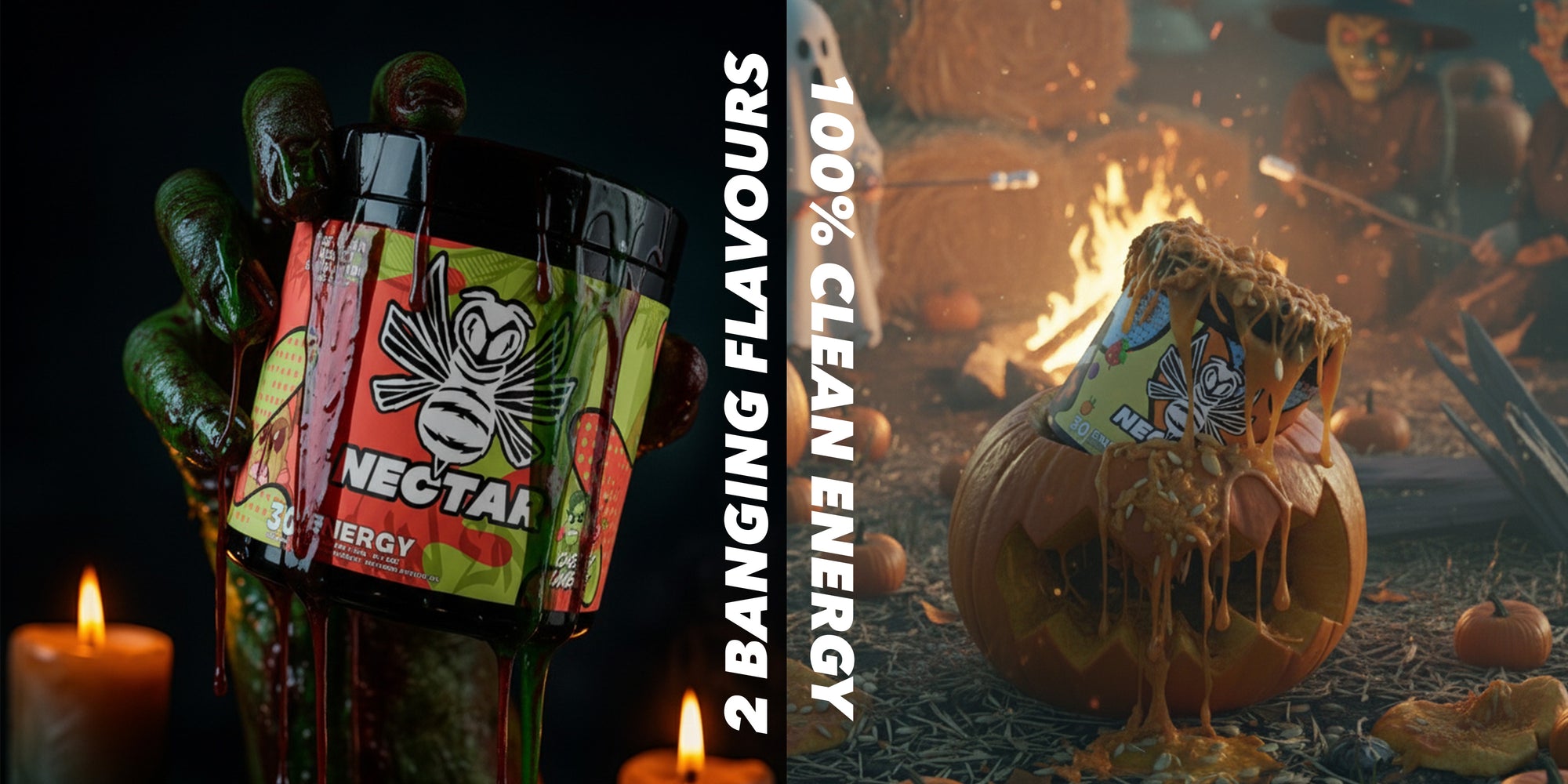 Nectaa energy drink packaging with Halloween-themed design, surrounded by pumpkins and a candle.