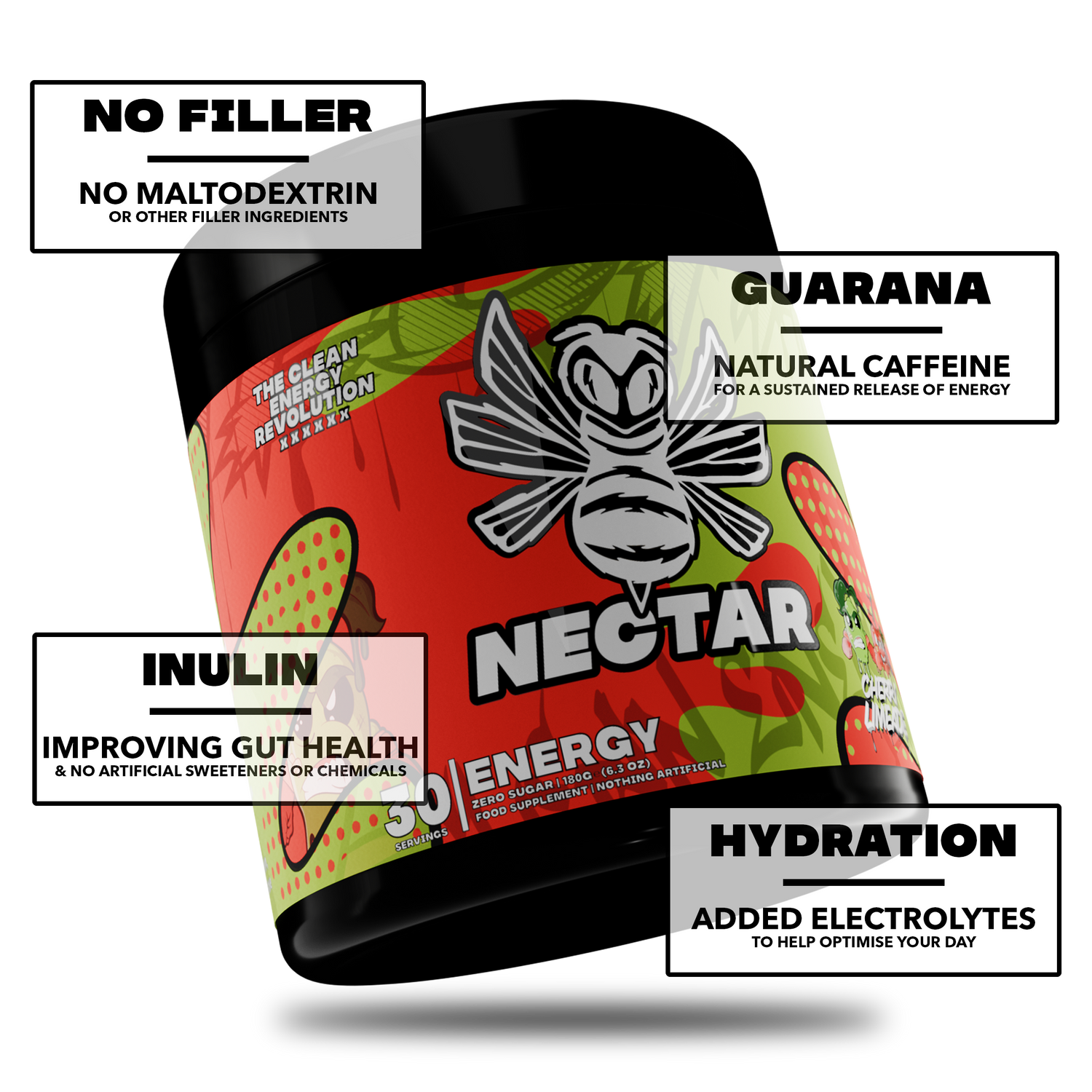 Nectar energy supplement container with health benefits text on a white background