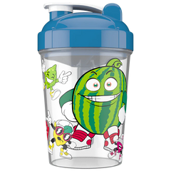 Shaker bottle with cartoon watermelon design and blue lid on a white background