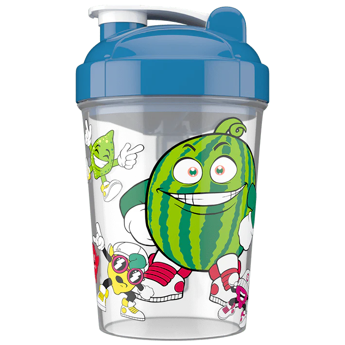 Shaker bottle with cartoon watermelon design and blue lid on a white background