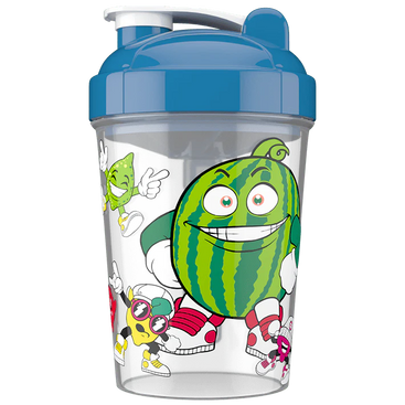 Shaker bottle with cartoon watermelon design and blue lid on a white background