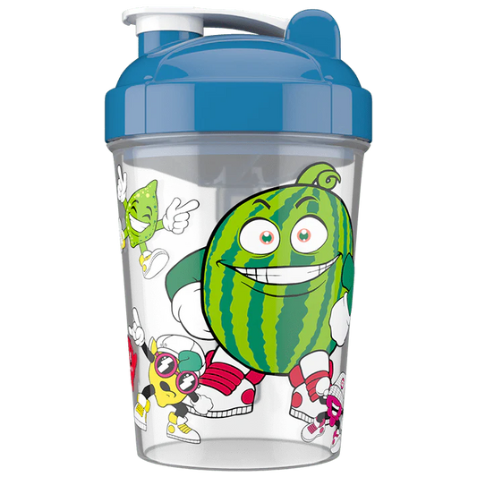 Shaker bottle with cartoon watermelon design and blue lid on a white background
