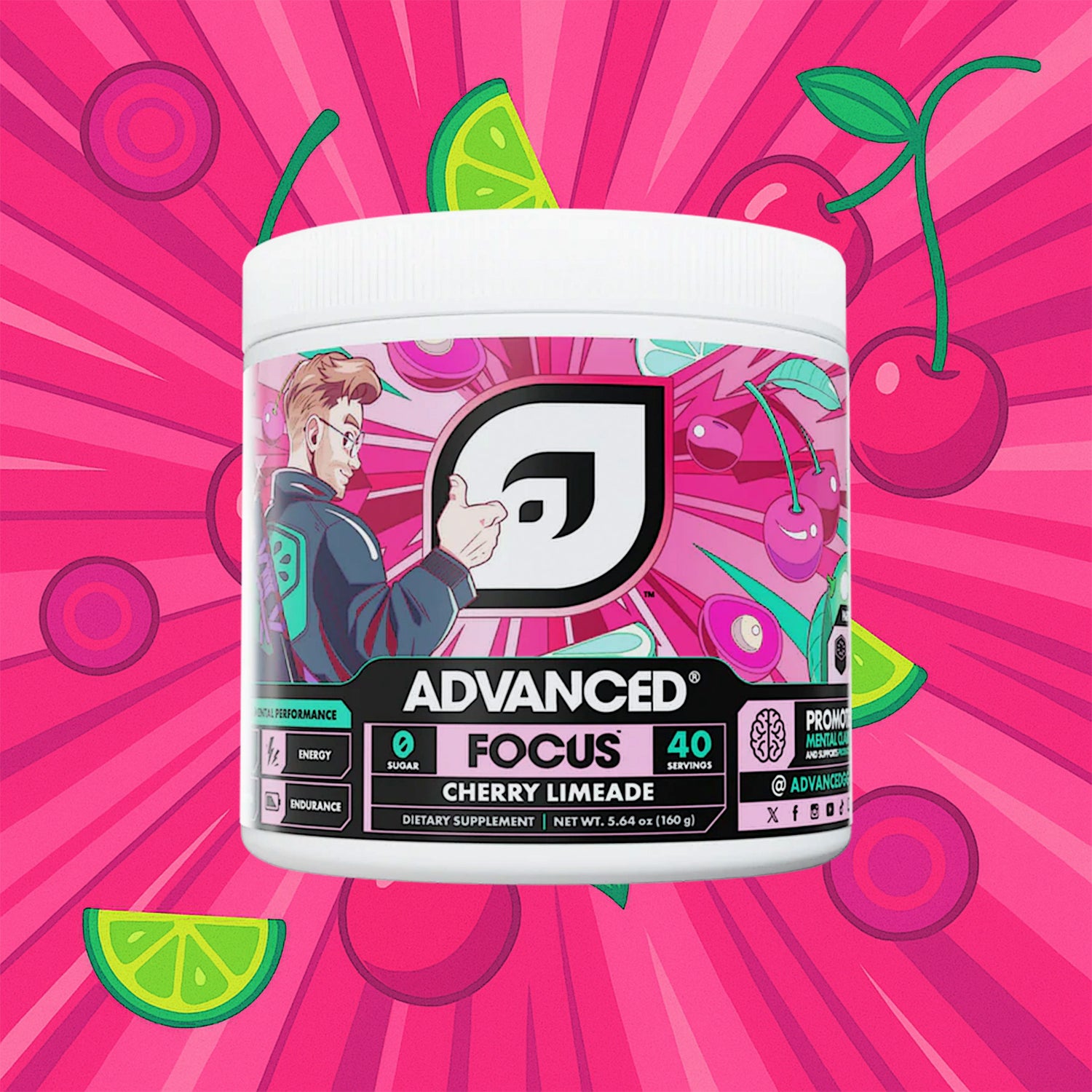 Supplement container labeled 'Advanced Focus' with cherry limeade flavor on a pink background with lime and cherry graphics.