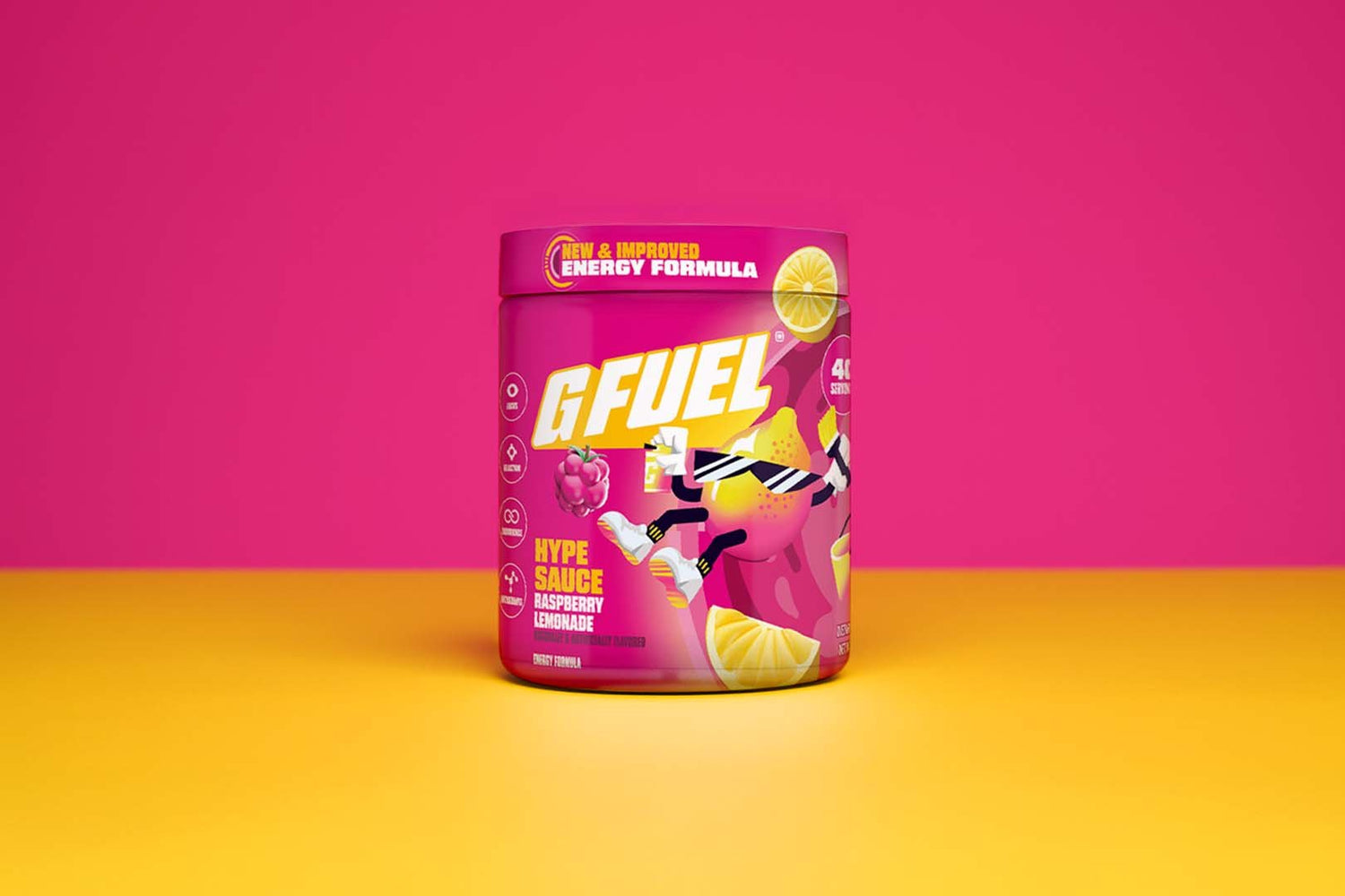 GFUEL energy supplement container on a pink and yellow background