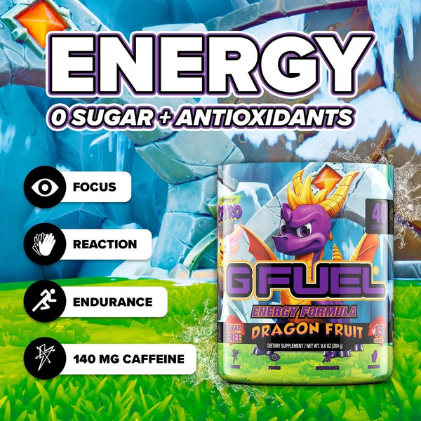 6 Fuel energy supplement with dragon fruit flavor on a colorful background