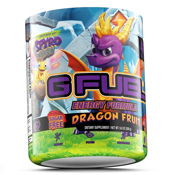 GFUEL energy formula container with Spyro the Dragon design on a white background