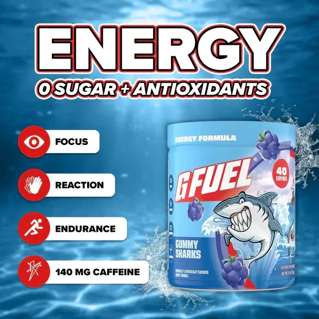 G Fuel energy supplement container with shark illustration on a blue background