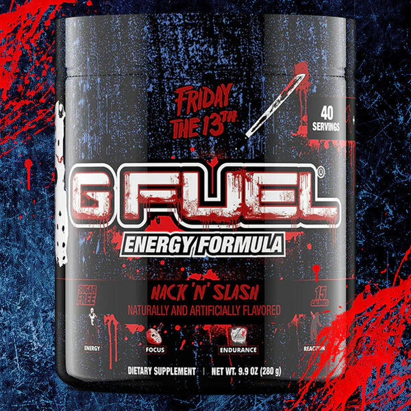 G Fuel energy formula supplement container with 'Friday the 13th' theme on a dark background