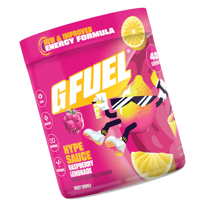 GFuel Hype Sauce Raspberry Lemonade energy powder package on a white background