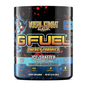 GFUEL Ice Shatter energy drink mix tub, showing the front label.