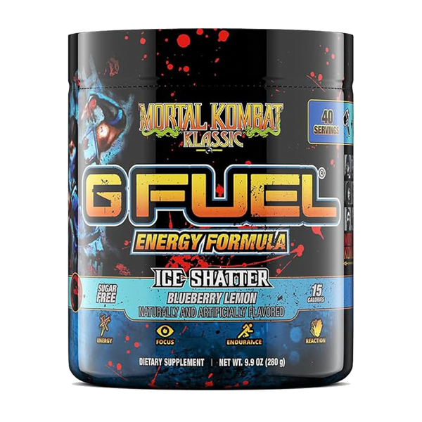 GFUEL Ice Shatter energy drink mix tub, showing the front label.