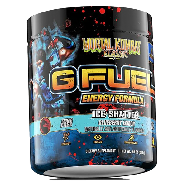 GFUEL Ice Shatter energy drink mix tub, showing the front label.