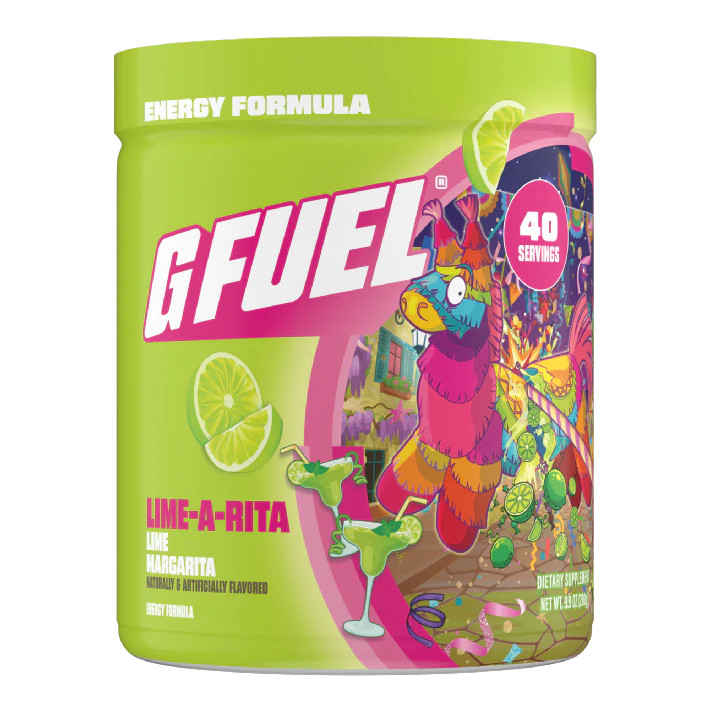G Fuel energy formula container with colorful design and lime graphic on a white background