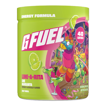G Fuel energy formula container with colorful design and lime graphic on a white background