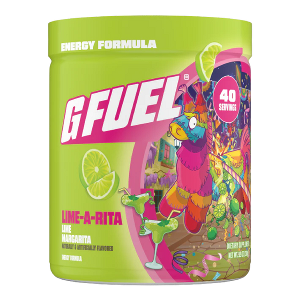 G Fuel energy formula container with colorful design and lime graphic on a white background