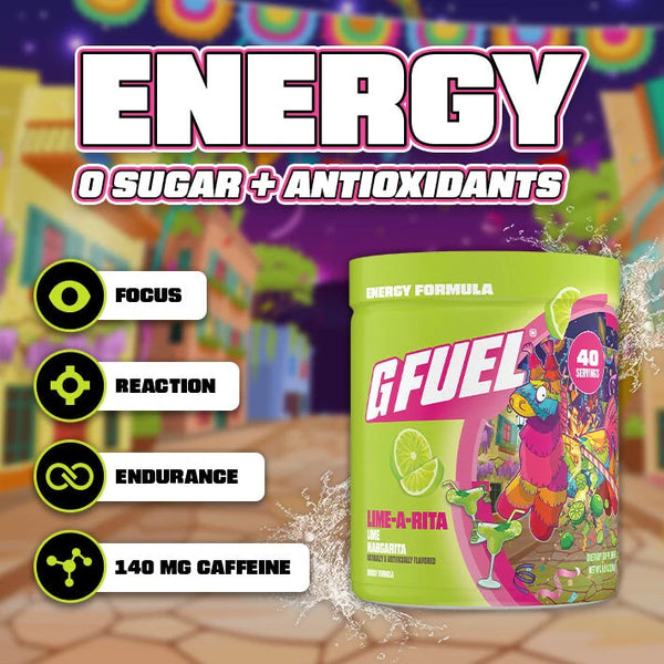 G Fuel energy supplement container with colorful design on a vibrant background