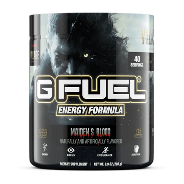 A container of G Fuel energy formula with 'Maiden's Blood' flavor, featuring a dark design with a male figure in tactical gear.