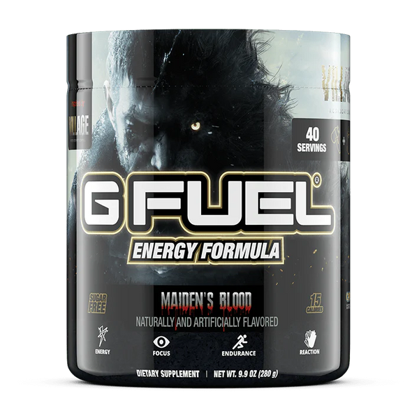 A container of G Fuel energy formula with 'Maiden's Blood' flavor, featuring a dark design with a male figure in tactical gear.