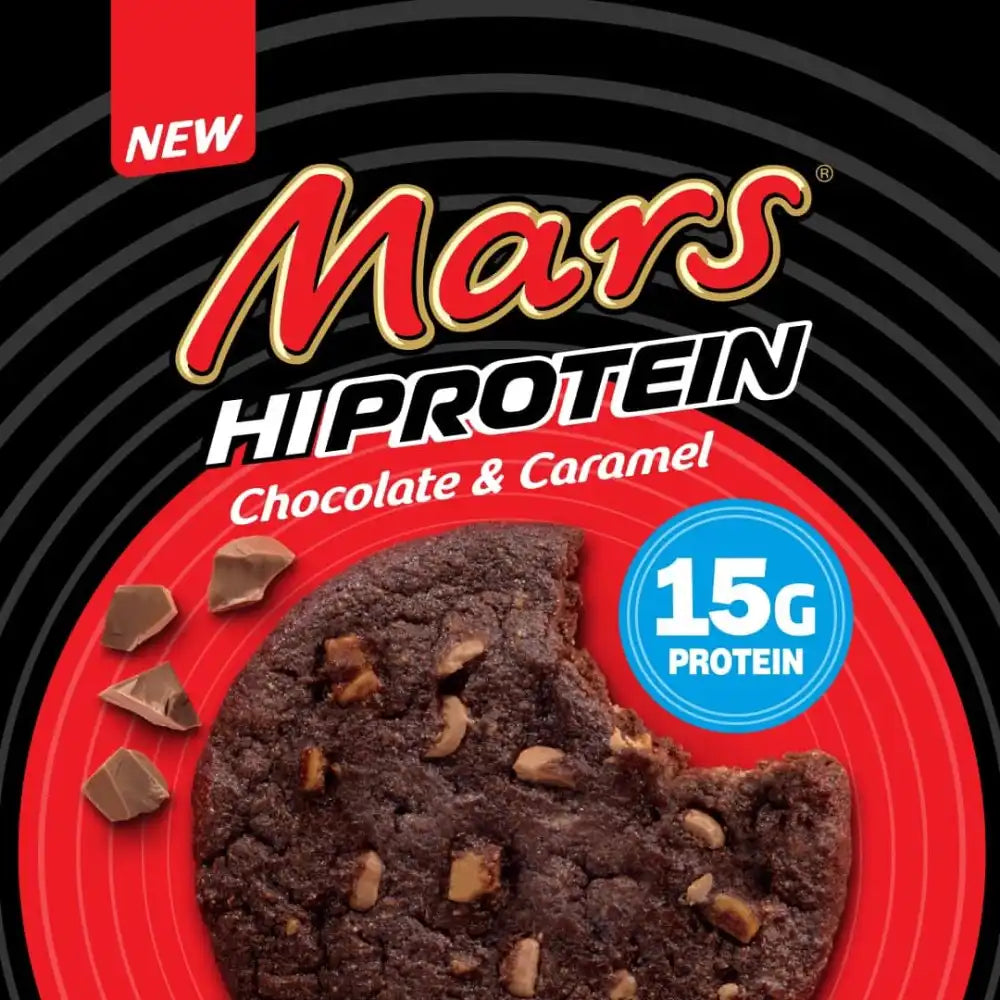 Mars HiProtein Chocolate & Caramel snack with Mars logo and protein information on a red and black background.