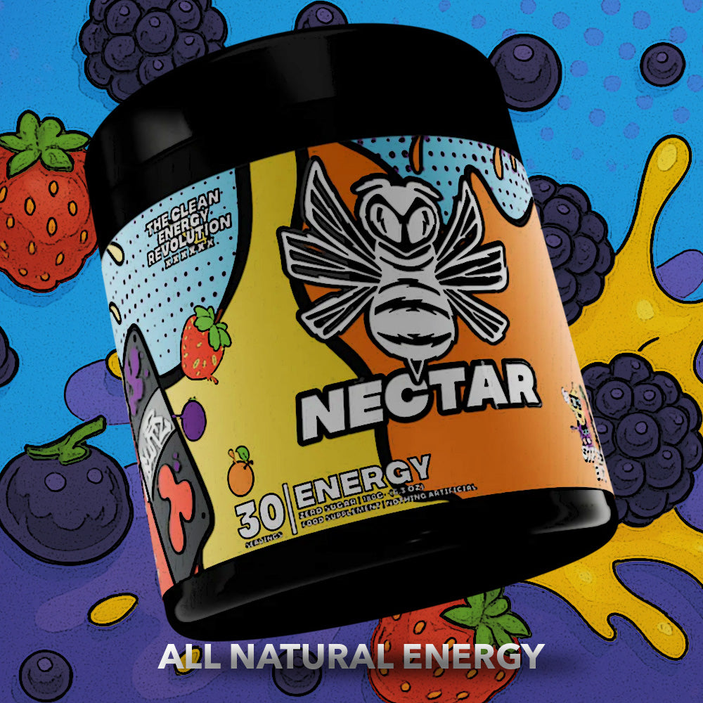 Nectar energy drink container with colorful design on a blue background with fruit illustrations