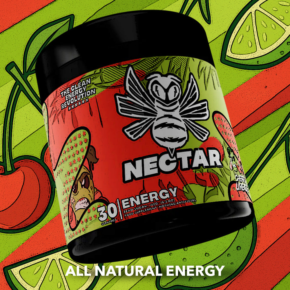 Nectar energy drink container with colorful design on a vibrant background