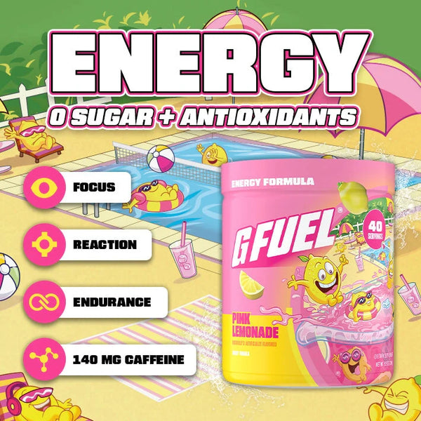 GFUEL Pink Lemonade energy supplement can with beach scene background