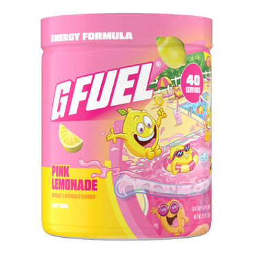 G Fuel Pink Lemonade energy formula container with cartoon characters on a white background