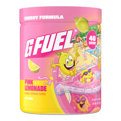 G Fuel Pink Lemonade energy formula container with cartoon characters on a white background