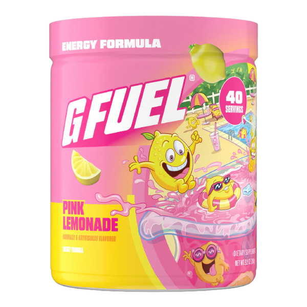 G Fuel Pink Lemonade energy formula container with cartoon characters on a white background