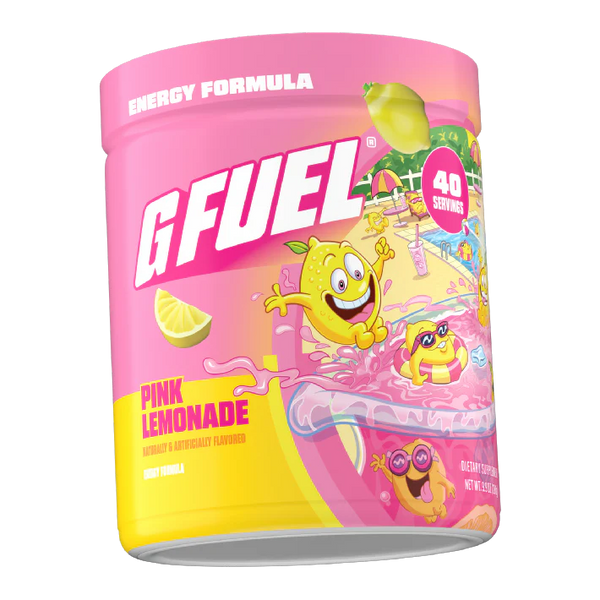 GFUEL Pink Lemonade energy formula container on a white background