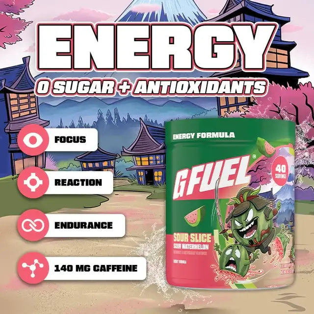 G Fuel energy supplement packaging with cartoon character on a colorful background