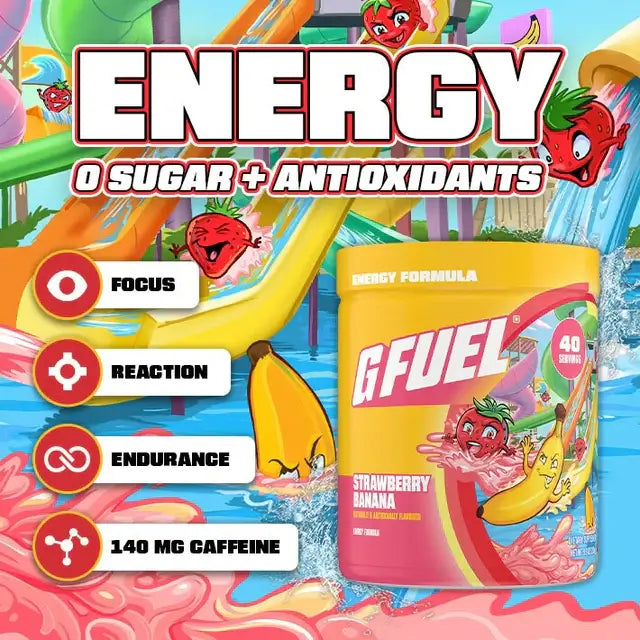 GFUEL energy supplement container with colorful graphics and text on a vibrant background