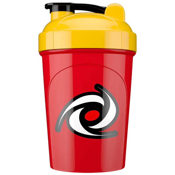 Red and yellow shaker bottle with a logo on a white background