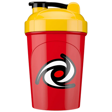 Red and yellow shaker bottle with a logo on a white background