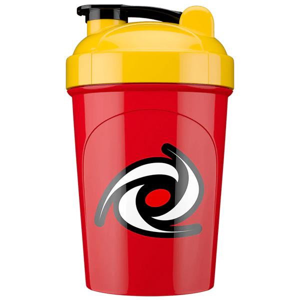Red and yellow shaker bottle with a logo on a white background