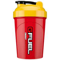 Red and yellow GFUEL shaker bottle on a white background