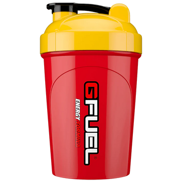 Red and yellow GFUEL shaker bottle on a white background