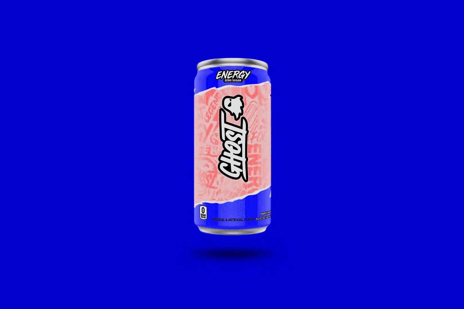 Ghosts energy drink can on a blue background