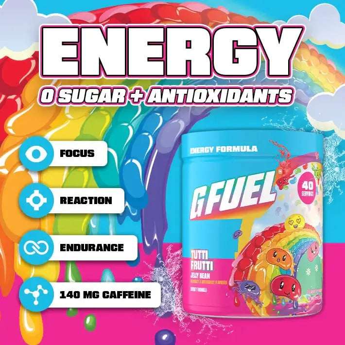 G Fuel energy supplement container with colorful design and text on a vibrant background