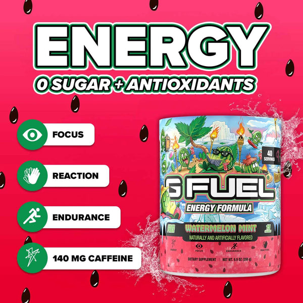 G Fuel energy formula packaging with colorful design on a red background