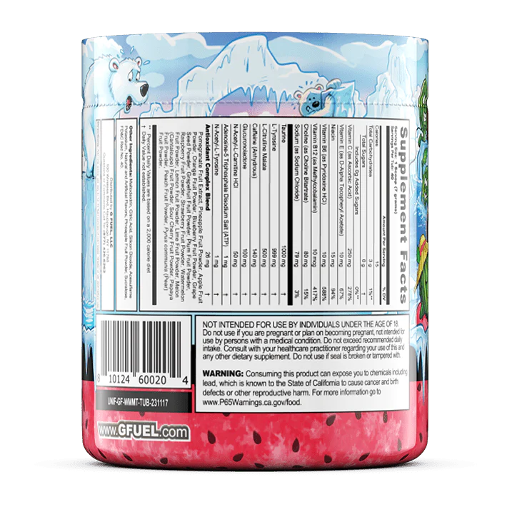 Back label of a G-Fuel product with colorful design and text.
