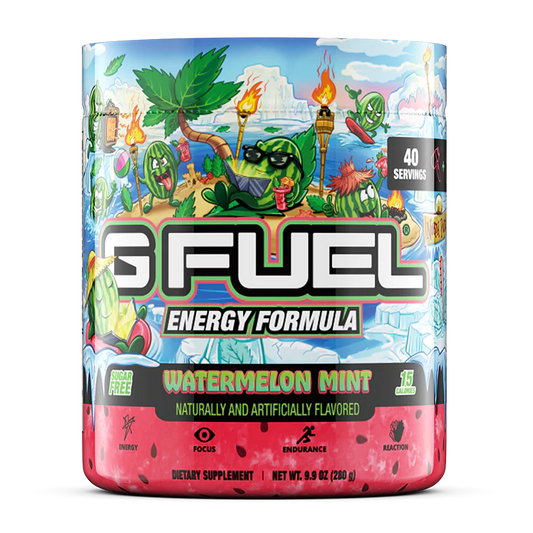 G Fuel energy formula supplement container with colorful design on a white background
