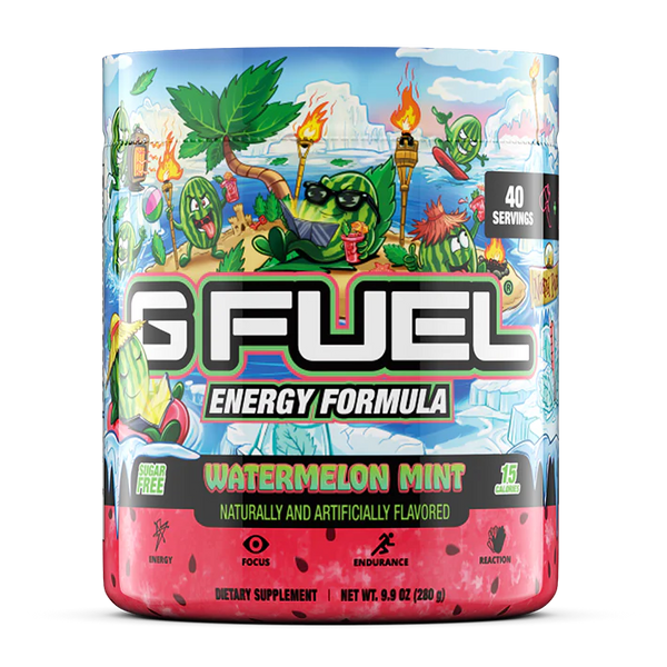 G Fuel energy formula supplement container with colorful design on a white background